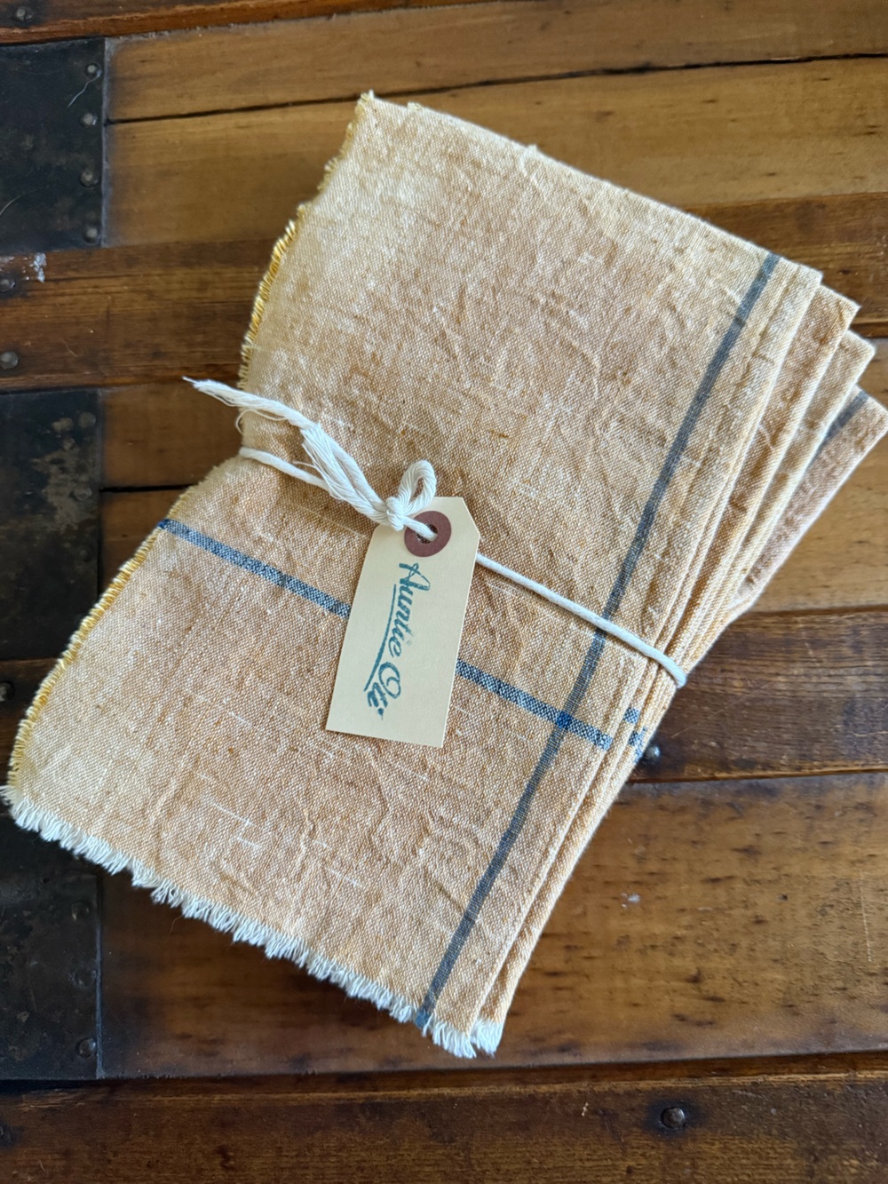 Auntie Oti Pale Yellow with Blue Stripe Cotton Khadi Napkins Set of 4 NWT